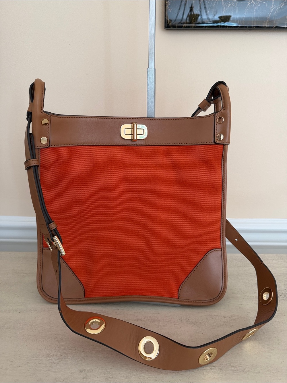 Michael Kors Leather-Trim Orange Canvas Crossbody Bag